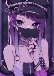 Rule 34 | 1girl, absurdres, asymmetrical bangs, black mask, blunt bangs, collarbone, commentary, diagonal bangs, ear piercing, earrings, goth fashion, gothic, highres, idolmaster, idolmaster shiny colors, jacket, jacket partially removed, jewelry, looking at viewer, nail polish, piercing, punk, punkish gothic, purple eyes, purple hair, purple jacket, ring, shirt, sleeveless, sleeveless shirt, solo, soushitsuchang, tanaka mamimi, upper body
