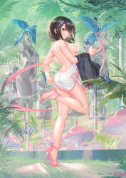 Rule 34 | 1girl, animal, ass, atdan, azur lane, bare shoulders, bird, black hair, blue bird, breasts, commentary, dress, flower, full body, hair ornament, high heels, highres, independence (azur lane), looking at viewer, medium breasts, original, plant, red eyes, short hair, sideboob, smile, solo, strapless, strapless dress, tree