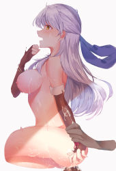 Rule 34 | 1girl, arm grab, ass, breasts, cropped legs, cum, cum on ass, cum on body, cum on breasts, cum on upper body, disembodied hand, drooling, edamameoka, elbow gloves, facial, fingerless gloves, fire emblem, fire emblem: radiant dawn, gloves, hair ribbon, half updo, highres, kneeling, long hair, medium breasts, micaiah (fire emblem), motion blur, nintendo, nipples, nude, open mouth, ribbon, saliva, saliva trail, sex, silver hair, simple background, solo focus, white background, yellow eyes