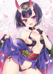 Rule 34 | 1girl, :d, bare shoulders, black hair, blunt bangs, blush, bob cut, breasts, cherry blossoms, contrapposto, cowboy shot, eyelashes, fangs, fate/grand order, fate (series), finger to mouth, fingerless gloves, fingernails, floral background, flower, gem, gloves, gluteal fold, hair ornament, hikimayu, horns, japanese clothes, kimono, long sleeves, looking at viewer, mitsuba choco, navel, obi, off shoulder, oni, open mouth, petals, purple eyes, revealing clothes, sash, short hair, shuten douji (fate), skin-covered horns, small breasts, smile, solo, standing, thick eyebrows, wide sleeves