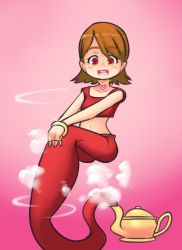 Rule 34 | 1girl, blush, bracelet, brown hair, collarbone, digimon, digimon adventure, drantyno, floating, genie, harem outfit, heart, heart necklace, highres, jewelry, looking at viewer, midriff, navel, necklace, oil lamp, open mouth, pants, pink background, red eyes, red pants, red shirt, shirt, short hair, sitting, sleeveless, sleeveless shirt, smile, smoke, sparkle, takenouchi sora, teeth