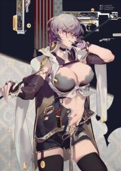 Rule 34 | 1girl, american flag, bra, breasts, choker, cleavage, commentary, elbow gloves, fingerless gloves, girls&#039; frontline, gloves, grey hair, gun, headphones, jacket, jacket on shoulders, large breasts, looking to the side, navel, red eyes, rei (sanbonzakura), shirt, short hair, shorts, smile, solo, submachine gun, thighhighs, thompson submachine gun, thompson (girls&#039; frontline), tied shirt, underwear, unzipped, weapon