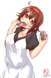 Rule 34 | 1girl, alternate costume, arched back, black shirt, brown eyes, brown hair, commentary request, cowboy shot, dated, dress, eating, food, hairband, highres, kanon (kurogane knights), kantai collection, logo, medium hair, open mouth, red hairband, sakura mochi, shiratsuyu (kancolle), shirt, simple background, solo, teeth, upper teeth only, wagashi, white background, white dress