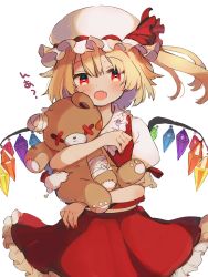 Rule 34 | 1girl, :o, blonde hair, bow, fang, flandre scarlet, frilled shirt, frilled shirt collar, frilled sleeves, frills, hat, hat ribbon, heart, heart-shaped pupils, highres, hug, looking at viewer, mob cap, nail polish, noamem, hugging object, open mouth, puffy short sleeves, puffy sleeves, red bow, red eyes, red nails, red ribbon, red skirt, red vest, ribbon, shirt, short hair, short sleeves, skirt, solo, stuffed animal, stuffed toy, symbol-shaped pupils, teddy bear, touhou, vest, white shirt, wings