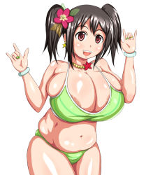 Rule 34 | 10s, 1girl, alternate breast size, areola slip, artist request, bikini, black hair, blush, breasts, bursting breasts, cleavage, earrings, fingernails, flower, green bikini, green nails, hair flower, hair ornament, huge breasts, jewelry, looking at viewer, love live!, love live! school idol project, ma hira, medium hair, nail polish, natsuiro egao de 1 2 jump!, navel, necklace, nico nico nii, open mouth, plump, red eyes, ring, simple background, solo, standing, striped bikini, striped clothes, swimsuit, twintails, white background, yazawa nico