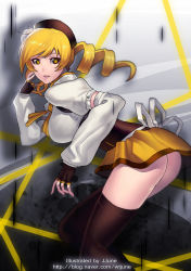 Rule 34 | 10s, 1girl, artist name, ass, bad id, bad pixiv id, black thighhighs, blonde hair, breasts, detached sleeves, drill hair, fingerless gloves, gloves, grey background, hat, highres, jjune, large breasts, legs, looking at viewer, looking back, mahou shoujo madoka magica, mahou shoujo madoka magica (anime), no panties, simple background, skirt, thighhighs, tomoe mami, twin drills, twintails, watermark, web address, yellow eyes, yellow skirt, zettai ryouiki