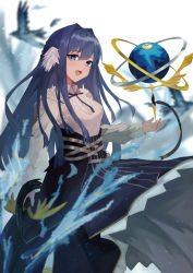 Rule 34 | 1girl, arknights, astesia (arknights), astrolabe, bad id, bad pixiv id, bird, blue eyes, blue hair, bright pupils, celestial globe, commentary request, dress, eyebrows hidden by hair, feather hair, hair between eyes, hair intakes, holding, holding sword, holding weapon, izumi roka, long hair, long sleeves, open mouth, solo, sword, weapon, white background