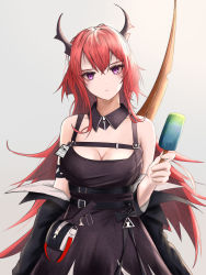 Rule 34 | 1girl, absurdres, arknights, black dress, black jacket, breasts, cleavage, closed mouth, clothes pull, demon horns, dress, food, highres, holding, holding food, horns, ice cream, jacket, jacket pull, kcar66t, long hair, looking at viewer, medium breasts, purple eyes, red hair, simple background, solo, surtr (arknights), upper body