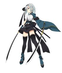 Rule 34 | 1girl, alternate costume, aqua eyes, black gloves, black hairband, black skirt, black thighhighs, breasts, commentary request, fingerless gloves, from side, full body, gloves, grey hair, hairband, holding, holding sword, holding weapon, katana, konpaku youmu, large breasts, long sleeves, multiple swords, parted lips, shirt, short hair, simple background, skirt, solo, suiu shinotsuku, sword, thighhighs, touhou, variant set, weapon, white background, white shirt, wide sleeves