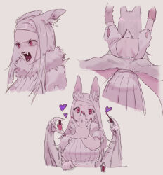 Rule 34 | 1girl, animal ear fluff, animal ears, applying makeup, back cutout, bat ears, bat girl, bat wings, breasts, clothing cutout, commentary, evina ic, extra arms, grey background, grey skirt, grey sweater, heart, highres, holding, long hair, medium breasts, monster girl, multiple views, nail polish, nail polish bottle, original, pink eyes, pleated skirt, red nails, ribbed sweater, skirt, smile, sweater, swept bangs, symbol-only commentary, wings