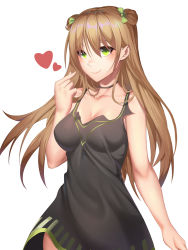 Rule 34 | 1girl, absurdres, black shirt, blonde hair, blush, bow, breasts, choker, cleavage, collarbone, double bun, girls&#039; frontline, green eyes, hair between eyes, hair bow, heart, heart print, henz, highres, long hair, looking at viewer, medium breasts, rfb (girls&#039; frontline), shirt, smile, solo, white background
