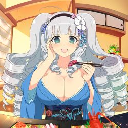 Rule 34 | 1girl, bare shoulders, blue dress, breasts, chopsticks, cleavage, dress, drill hair, eating, food, ginrei (senran kagura), green eyes, hair ornament, hand on own cheek, hand on own face, happy, highres, japanese clothes, kimono, large breasts, long hair, open mouth, senran kagura, silver hair, smile, solo, sushi, twintails, upper body