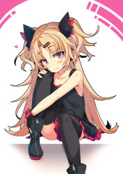 Rule 34 | 1girl, akatsuki uni, bare shoulders, black footwear, black gloves, black shirt, black thighhighs, blonde hair, blush, boots, closed mouth, collarbone, fang, fang out, fingernails, gloves, hair between eyes, hair ornament, hairclip, hand on own knee, head tilt, heart, highres, long hair, looking at viewer, ogami kazuki, parted bangs, partially fingerless gloves, pleated skirt, red eyes, red skirt, shirt, sitting, skirt, sleeveless, sleeveless shirt, smile, solo, thighhighs, thighhighs under boots, two side up, uni create, very long hair, virtual youtuber