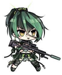 Rule 34 | 1girl, black shorts, blush stickers, brown eyes, bsapricot, chibi, full body, girls&#039; frontline, gloves, green footwear, green gloves, green hair, gun, hair between eyes, hair ornament, highres, holding, holding gun, holding weapon, knee pads, m2010 enhanced sniper rifle, multicolored hair, navel, original, ponytail, remington arms, rifle, scar, scar on face, scar on nose, scope, shoes, short shorts, short sleeves, shorts, simple background, slit pupils, sniper rifle, solo, standing, suppressor, transparent background, trigger discipline, two-tone hair, weapon, white background, xm2010