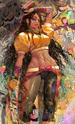 Rule 34 | 1girl, alternate hairstyle, capcom, crop top, curly hair, dark-skinned female, dark skin, fingerless gloves, gloves, graffiti, hair down, headphones, highres, kimberly jackson, long hair, looking at viewer, navel, okojo, paint, parted lips, solo, spray can, stomach, street fighter, street fighter 6, toned, very long hair, wall
