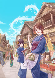 Rule 34 | 1boy, 2girls, :d, absurdres, apron basket, architecture, bad perspective, bag, balcony, banner, black eyes, blue kimono, blue sky, brown hair, butterfly hair ornament, carrying, day, dragon, east asian architecture, eastern dragon, flower, food, hair flower, hair ornament, hair over eyes, highres, japanese clothes, kimono, light brown hair, long hair, multiple girls, na (sodium), official art, open mouth, outdoors, ponytail, sandals, scarf, shadow, shopping district, short hair, sign, sky, smile, smoking pipe, socks, standing, standing on one leg, striped clothes, striped kimono, striped scarf, tagme, vertical-striped clothes, vertical-striped kimono, very long hair, white legwear