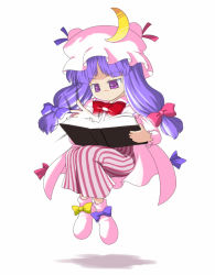 Rule 34 | 1girl, book, bow, crescent, dress, female focus, floating, full body, hair bow, hat, mob cap, open book, patchouli knowledge, purple eyes, purple hair, reading, ribbon, simple background, sitting, solo, striped clothes, striped dress, touhou, vertical stripes, white background