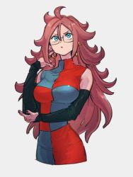 Rule 34 | 1girl, :o, android 21, black sleeves, blue eyes, breasts, checkered clothes, checkered dress, detached sleeves, dragon ball, dragon ball fighterz, dress, earrings, glasses, grey background, hair between eyes, hoop earrings, jewelry, kemachiku, large breasts, long hair, looking up, red hair, simple background, solo