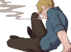 Rule 34 | 1boy, black footwear, black pants, blonde hair, blue eyes, blue shirt, chimaaa333, cigarette, facial hair, hair over one eye, half-closed eye, highres, holding, holding cigarette, looking at viewer, male focus, no pupils, on floor, one piece, open mouth, pants, sanji (one piece), shirt, short hair, sitting, sleeves rolled up, smile, smoke, white background