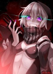 Rule 34 | 10s, 1girl, abyssal ship, bad id, bad twitter id, bra, breasts, glowing, glowing eyes, grin, hood, kantai collection, looking at viewer, nail polish, open clothes, open mouth, pale skin, personification, purple eyes, re-class battleship, scarf, shiny clothes, shiny skin, short hair, silver hair, smile, solo, taruho t, underwear