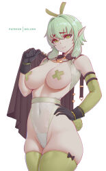 Rule 34 | 1girl, absurdres, alternate breast size, animal ears, black gloves, breasts, covered navel, cross pasties, elf, fake animal ears, gloves, goblin slayer!, green eyes, green hair, green thighhighs, hair between eyes, hand on own hip, high elf archer (goblin slayer!), highres, large breasts, leotard, looking at viewer, melowh, navel, pasties, patreon username, playboy bunny, pointy ears, rabbit ears, simple background, solo, standing, thighhighs, thighs, white background