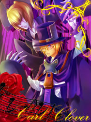Rule 34 | 1boy, 1girl, arc system works, bad id, bad pixiv id, blazblue, blazblue: calamity trigger, blonde hair, blue eyes, cape, carl clover, character name, doll, earrings, glasses, haine gallop, hat, headdress, highres, jewelry, male focus, marionette, nirvana (blazblue), aged up, puppet, robot, single earring, top hat