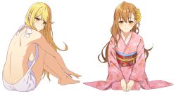 Rule 34 | 2girls, ass, backless dress, backless outfit, bad id, bad pixiv id, bare arms, bare back, bare shoulders, barefoot, blonde hair, blush, breasts, brown hair, butt crack, dress, goumudan, highres, japanese clothes, kimono, large breasts, long hair, looking at viewer, meme attire, multiple girls, mythra (xenoblade), naked sweater, nintendo, sideboob, simple background, smile, soles, sweater, sweater dress, turtleneck, turtleneck sweater, virgin killer sweater, white background, xenoblade chronicles (series), xenoblade chronicles 2, yellow eyes
