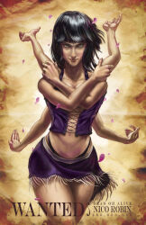 Rule 34 | 1girl, bare shoulders, black hair, blue eyes, blunt bangs, character name, closed mouth, cross-laced clothes, doomsplosion, extra arms, falling petals, hana hana no mi, long hair, looking at viewer, midriff, navel, nico robin, nico robin (alabasta), one piece, petals, realistic, smile, solo, wanted