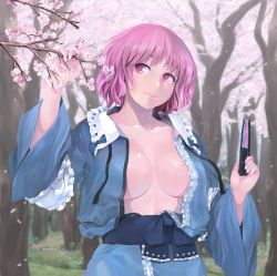 Rule 34 | 1girl, arm garter, black ribbon, blue bow, blue kimono, blue sash, bow, branch, breasts, cherry blossoms, collarbone, commentary request, cowboy shot, folding fan, frilled shirt collar, frills, hand fan, hand up, highres, holding, holding fan, ichiba youichi, japanese clothes, kimono, large breasts, lips, long sleeves, looking up, no headwear, open clothes, open kimono, outdoors, petals, pink eyes, pink hair, ribbon, ribbon-trimmed collar, ribbon trim, saigyouji yuyuko, sash, shiny skin, short hair, solo, standing, touhou, tree, wide sleeves
