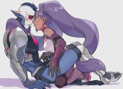 Rule 34 | 1boy, 1girl, assertive female, blue hair, boots, claws, dark skin, entrapta, eye contact, gloves, grey background, hordak, long hair, looking at another, masters of the universe, monster boy, pointy ears, poking, prehensile hair, she-ra and the princesses of power, smile, sweatdrop, twintails, very long hair, yutaka7