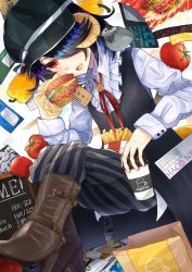 Rule 34 | androgynous, bag, bell pepper, belt boots, black hair, black headwear, boots, brown footwear, caluki, coffee cup, cup, curled horns, disposable cup, food, french fries, frilled shirt, frills, gender request, hair over one eye, hat, high heel boots, high heels, highres, horns, long sleeves, looking at viewer, menu board, one eye covered, original, pants, paper bag, pepper, red eyes, red neckwear, sandwich, shirt, striped clothes, striped pants, tomato