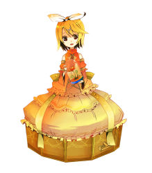 Rule 34 | 1girl, bad id, bad pixiv id, blonde hair, bow, brown eyes, detached sleeves, dress, female focus, flower, full body, hair bow, hair ornament, hairclip, itamidome, kagamine rin, short hair, simple background, solo, tears, vocaloid, white background