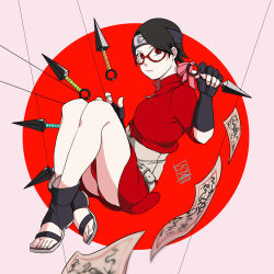Rule 34 | 1girl, absurdres, alternate costume, black hair, fingerless gloves, forehead protector, glasses, gloves, highres, kunai, looking at viewer, mist s, naruto, naruto (series), red eyes, sandals, sharingan, solo, string, toes, uchiha sarada, weapon