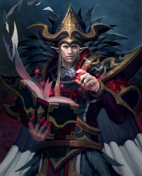 Rule 34 | 1boy, artist request, book, cape, chaos online, dark persona, eldin, feathers, fingernails, hat, highres, long fingernails, looking at viewer, male focus, official art, pointy ears, solo
