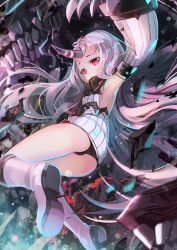 Rule 34 | 10s, 1girl, abyssal ship, armpits, bare shoulders, black panties, blush, boots, claws, detached sleeves, dress, fuyouchu, horns, kantai collection, long hair, looking at viewer, open mouth, panties, red eyes, ribbed dress, seaport princess, short dress, single horn, solo, underwear, very long hair, white hair, aged down