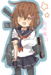 Rule 34 | 10s, 1girl, anne (anyu anne), bad id, bad pixiv id, blush, brown eyes, brown hair, ikazuchi (kancolle), kantai collection, looking at viewer, pantyhose, personification, pleated skirt, school uniform, serafuku, skirt, smile, solo, translated, white background