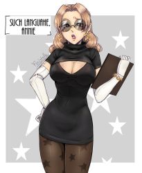 Rule 34 | 1girl, blonde hair, breasts, cleavage, cleavage cutout, clipboard, clothing cutout, cowboy shot, elbow gloves, florence (skullgirls), gloves, hand on own hip, highres, open mouth, pantyhose, skirt, skullgirls, solo, speech bubble, star (symbol), star print, sunglasses
