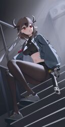 Rule 34 | 1girl, :o, absurdres, belt, black gloves, black shirt, black shorts, breasts, brown hair, brown pantyhose, crop top, gloves, grey jacket, gun, hair ornament, hairclip, handgun, highres, holding, holding gun, holding weapon, horns, jacket, legs, long sleeves, looking to the side, medium breasts, micro shorts, midriff, navel, open clothes, open jacket, original, pantyhose, parted lips, pointy ears, puffy long sleeves, puffy sleeves, red eyes, revolver, shirt, shoes, short hair, shorts, sitting, solo, stomach, takealook, thigh strap, weapon