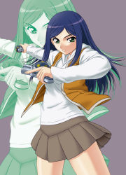 Rule 34 | 00s, 1girl, blue hair, closed mouth, dual wielding, frown, green eyes, holding, holding weapon, hood, hood down, hoodie, kuga natsuki, long hair, long sleeves, looking at viewer, miniskirt, misnon the great, my-hime, parted bangs, pleated skirt, skirt, solo, vest, weapon, zoom layer