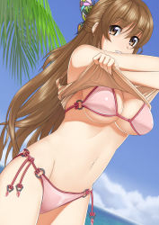 Rule 34 | 1girl, bad id, bad pixiv id, beach, bikini, breasts, brown eyes, brown hair, cleavage, clothes lift, cloud, day, hair ornament, highres, large breasts, long hair, navel, o-ring, o-ring bikini, o-ring bottom, o-ring top, ocean, original, outdoors, oxxo (dlengur), parted lips, shiny skin, shirt lift, side-tie bikini bottom, skindentation, sky, smile, solo, swimsuit, underboob, undressing, water