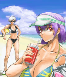 Rule 34 | 2girls, ayane (doa), bad id, bad pixiv id, ball, beach, beachball, bikini, breasts, christie (doa), cleavage, day, dead or alive, dead or alive xtreme beach volleyball, drinking straw, ibanen, large breasts, multiple girls, outdoors, purple hair, red eyes, sunglasses, swimsuit, tecmo, tinted eyewear, volleyball, volleyball (object), white hair