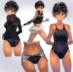 Rule 34 | 1girl, arms behind back, ass, bad id, bad twitter id, black hair, black jacket, black one-piece swimsuit, black panties, black shirt, breasts, cafe au lait (kafeore), close-up, collarbone, competition swimsuit, dark skin, gradient background, jacket, long sleeves, looking at viewer, looking back, medium breasts, midriff, multiple views, navel, one-piece swimsuit, original, panties, racket, shirt, short hair, simple background, skindentation, skirt, sleeveless, sleeveless shirt, sportswear, sweat, swimsuit, swimsuit under clothes, tennis, tennis racket, tomboy, underwear, upper body, white skirt, yellow eyes