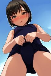 Rule 34 | 1girl, absurdres, bare arms, bare shoulders, black hair, blue one-piece swimsuit, blue sky, blush, breasts, brown eyes, cloud, day, from below, highres, looking at viewer, looking down, matsunaga kouyou, nose blush, old school swimsuit, one-piece swimsuit, original, outdoors, parted lips, school swimsuit, school swimsuit flap, sky, small breasts, smile, solo, swimsuit