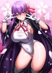 Rule 34 | 1girl, bb (fate), bb (fate/extra), black coat, blush, breasts, coat, double v, fate/extra, fate/extra ccc, fate (series), gloves, hair between eyes, hair ribbon, highres, large breasts, leotard, long hair, long sleeves, looking at viewer, neck ribbon, pink background, popped collar, purple eyes, purple hair, red ribbon, ribbon, smile, solo, sparkle, thighhighs, thighs, tiri man, v, very long hair, white gloves, white leotard