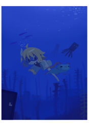 Rule 34 | 1girl, ahoge, air bubble, animal, axolotl (minecraft), black eyes, blonde hair, blush, border, bubble, bucket, carrying, carrying under arm, cube, fish, full body, goggles, highres, holding, holding animal, holding bucket, kokaki mumose, looking at another, looking to the side, minecraft, null-meta, parody, school swimsuit, seaweed, short hair, silhouette, snorkel, snorkel in mouth, solo, squid (minecraft), swimming, swimsuit, underwater, uozumi kurumi, white border
