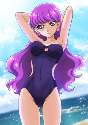 Rule 34 | 10s, 1girl, armpits, arms behind head, arms up, bare arms, bare legs, bare shoulders, beach, black one-piece swimsuit, breasts, clothing cutout, cloud, collarbone, covered navel, cowboy shot, day, earrings, female focus, hanzou, head tilt, highres, jewelry, kirakira precure a la mode, kotozume yukari, large breasts, legs, lips, long hair, looking at viewer, matching hair/eyes, neck, ocean, one-piece swimsuit, open mouth, outdoors, precure, purple eyes, purple hair, side cutout, sky, smile, solo, standing, strapless, strapless one-piece swimsuit, summer, swimsuit, waist cutout, water