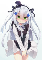 Rule 34 | 1girl, aged down, black bow, black dress, black hairband, blush, bow, breasts, checkered bow, checkered clothes, child, closed mouth, collared shirt, commentary, covering crotch, covering privates, cowboy shot, dress, girls&#039; frontline, gradient background, green eyes, grey background, hair bow, hair ornament, hairband, hat, hk416 (black kitty&#039;s gift) (girls&#039; frontline), hk416 (girls&#039; frontline), ikazu401, large breasts, long hair, looking at viewer, mini hat, mini top hat, nose blush, pleated dress, purple hat, shaded face, shirt, silver hair, skirt, sleeves past wrists, solo, tilted headwear, top hat, two side up, v-shaped eyebrows, very long hair, white background, white shirt, white skirt