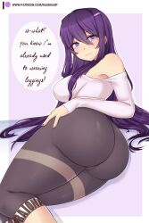 Rule 34 | 1girl, absurdres, alternate costume, ass, bare shoulders, breasts, cameltoe, come hither, doki doki literature club, from behind, highres, huge ass, large breasts, leggings, long hair, looking at viewer, lying, naughty face, off-shoulder shirt, off-shoulder sweater, off shoulder, on side, purple eyes, purple hair, raion (raionart), shirt, sideboob, smile, solo, sweater, very long hair, yuri (doki doki literature club)