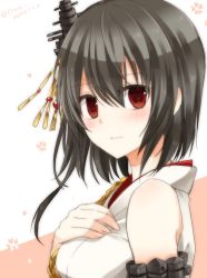 Rule 34 | 10s, 1girl, bare shoulders, black hair, hair ornament, japanese clothes, kantai collection, looking at viewer, momoiro, nontraditional miko, red eyes, short hair, solo, twitter username, yamashiro (kancolle)