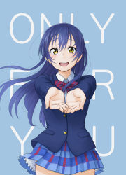 Rule 34 | 10s, 1girl, absurdres, blazer, blue hair, blush, bow, bowtie, commentary request, cowboy shot, hair between eyes, highres, jacket, long hair, long sleeves, looking at viewer, love live!, love live! school idol project, open mouth, otonokizaka school uniform, outstretched arms, plaid, plaid skirt, pleated skirt, red bow, red bowtie, rurie (lourie), school uniform, simple background, skirt, solo, sonoda umi, standing, striped bow, striped bowtie, striped clothes, striped neckwear, text focus, yellow eyes